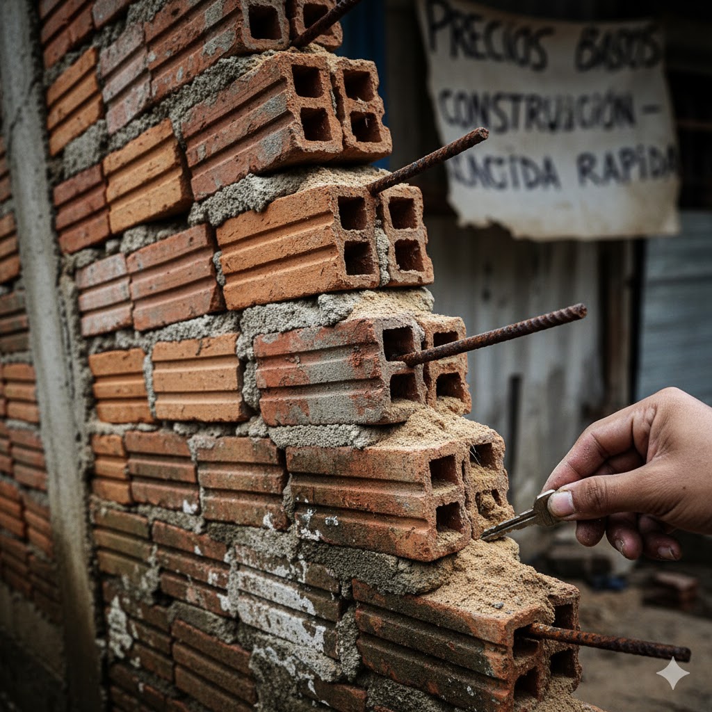 Pared de ladrillo mal construida con grietas, representando una chambonada.
