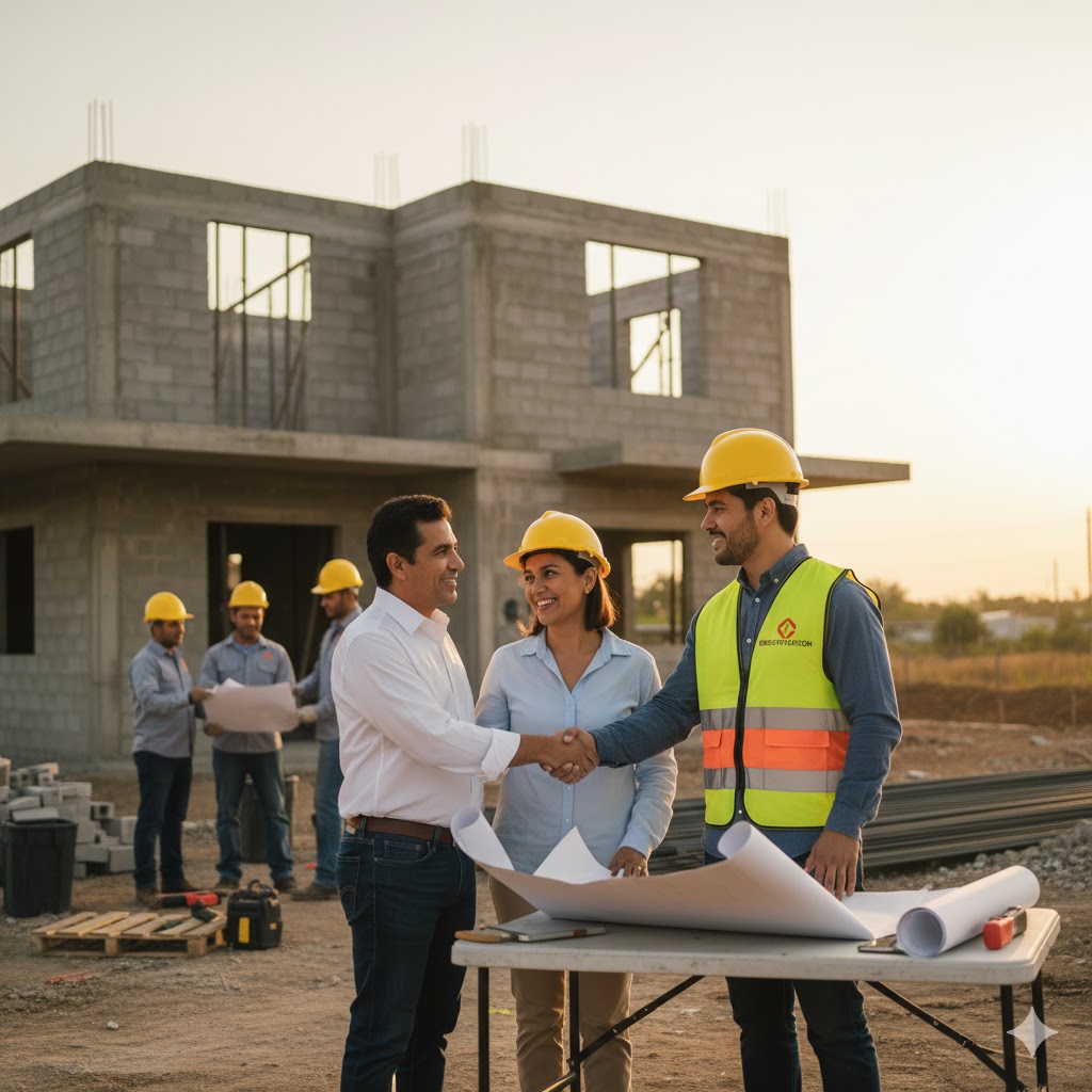 Mano de un cliente dándole la mano a un constructor confiable de Obiconstruccion.